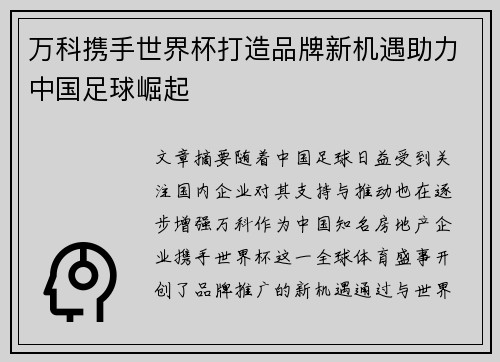 万科携手世界杯打造品牌新机遇助力中国足球崛起