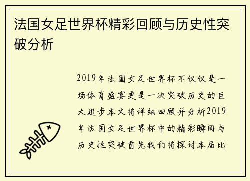 法国女足世界杯精彩回顾与历史性突破分析