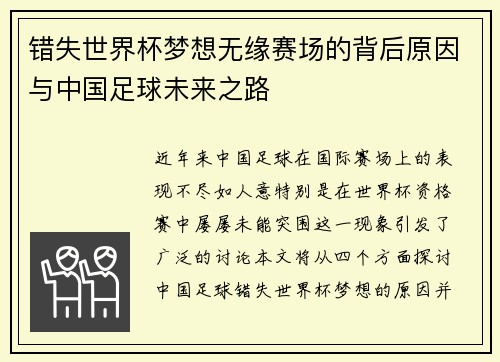 错失世界杯梦想无缘赛场的背后原因与中国足球未来之路