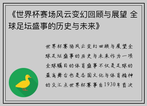 《世界杯赛场风云变幻回顾与展望 全球足坛盛事的历史与未来》