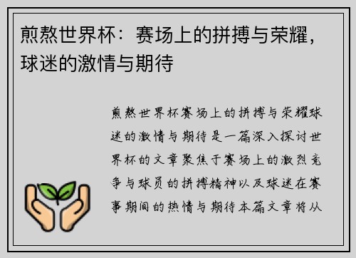 煎熬世界杯：赛场上的拼搏与荣耀，球迷的激情与期待